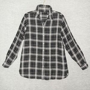 Style & Co 100% Linen Tunic Top Blouse Size Medium Black White Plaid Shirt‎